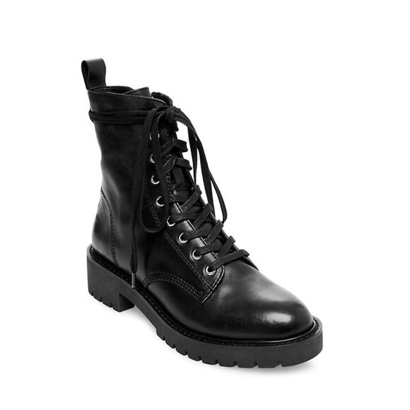Steve Madden Grid Leather Combat Moto Boots Chunky-Sole Black Womens Size 6.5 - Picture 1 of 8